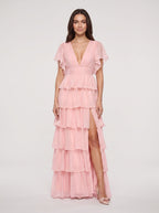 Petal Chiffon A-Line V-Neck Back Zip Floor-Length Dress with Tiered Ruffles - Curvevia