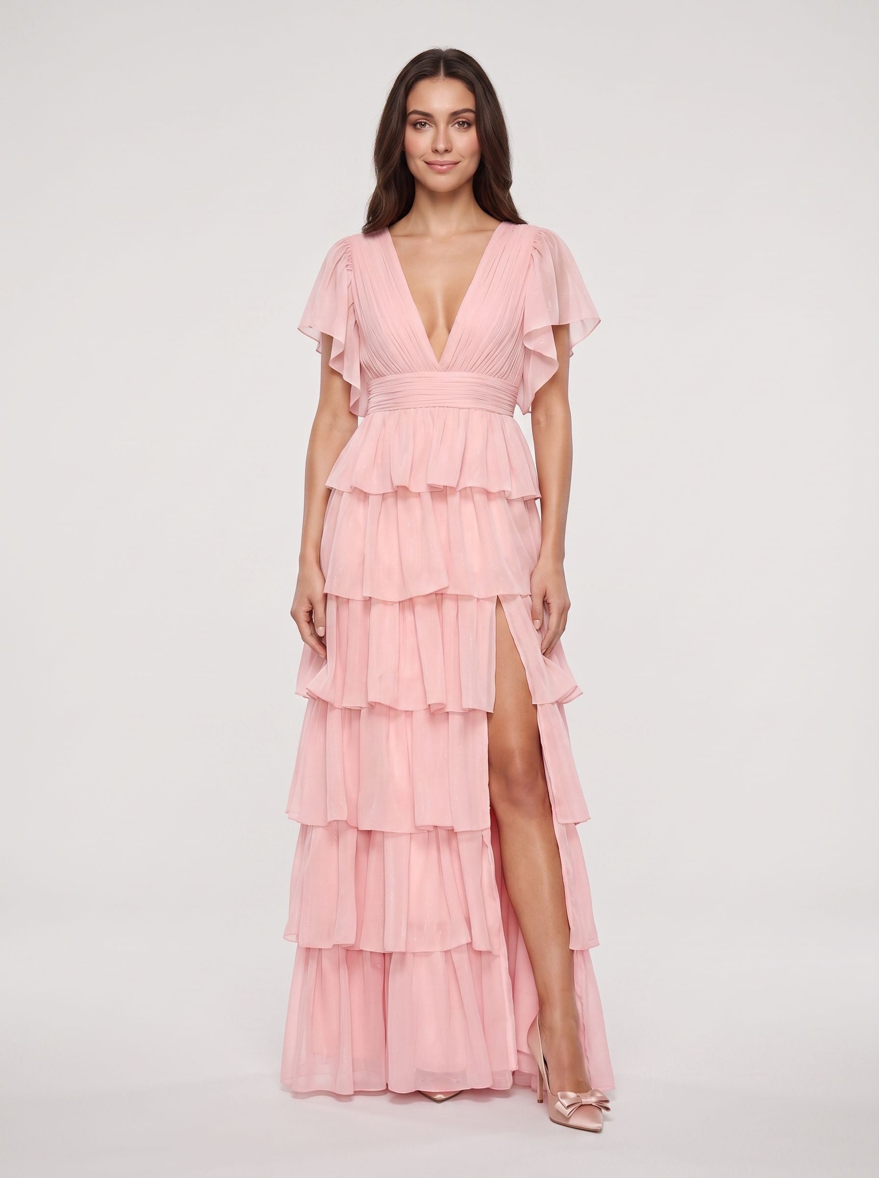 Petal Chiffon A-Line V-Neck Back Zip Floor-Length Dress with Tiered Ruffles - Curvevia