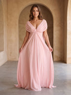 Petal Chiffon A-Line V-Neck Back Zip Floor-Length Dress with Cascading Ruffles - Curvevia
