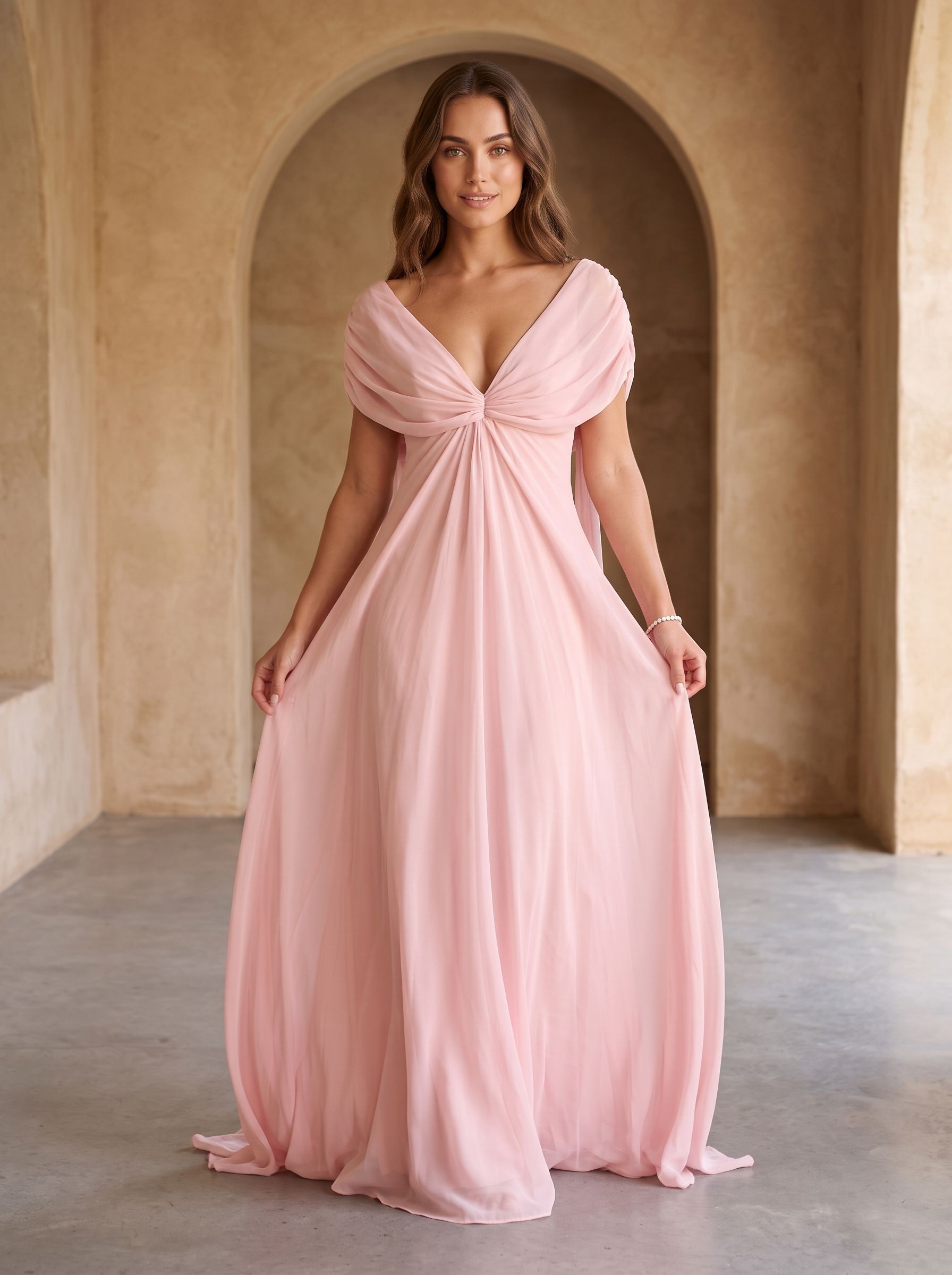 Petal Chiffon A-Line V-Neck Back Zip Floor-Length Dress with Cascading Ruffles - Curvevia