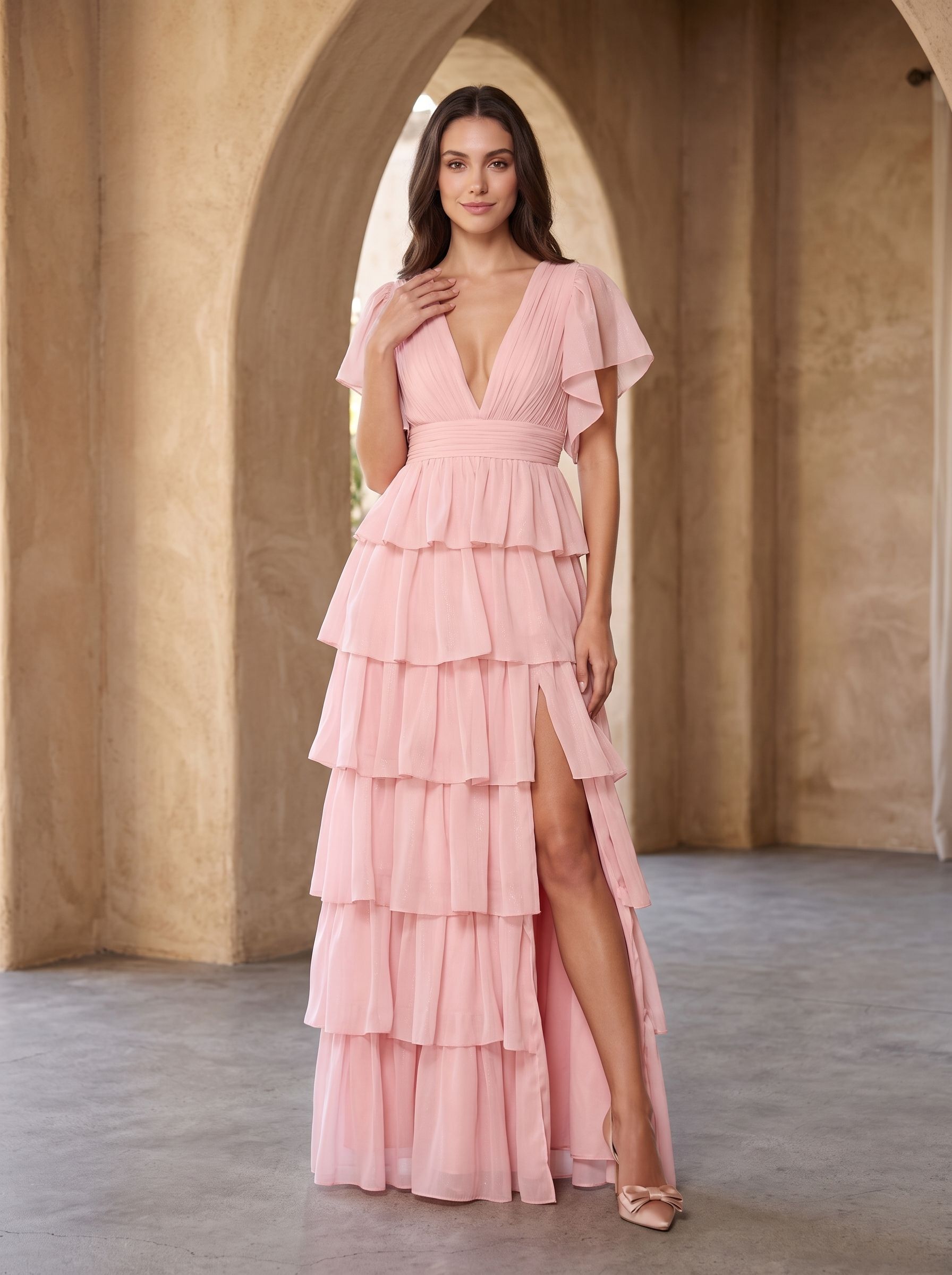 Petal Chiffon A-Line V-Neck Back Zip Floor-Length Dress with Tiered Ruffles - Curvevia