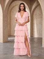Petal Chiffon A-Line V-Neck Back Zip Floor-Length Dress with Tiered Ruffles - Curvevia