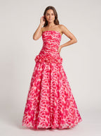 Petal Chiffon A-Line Straight Neck Back Zip Floor-Length Dress with 3D Flowers - Curvevia