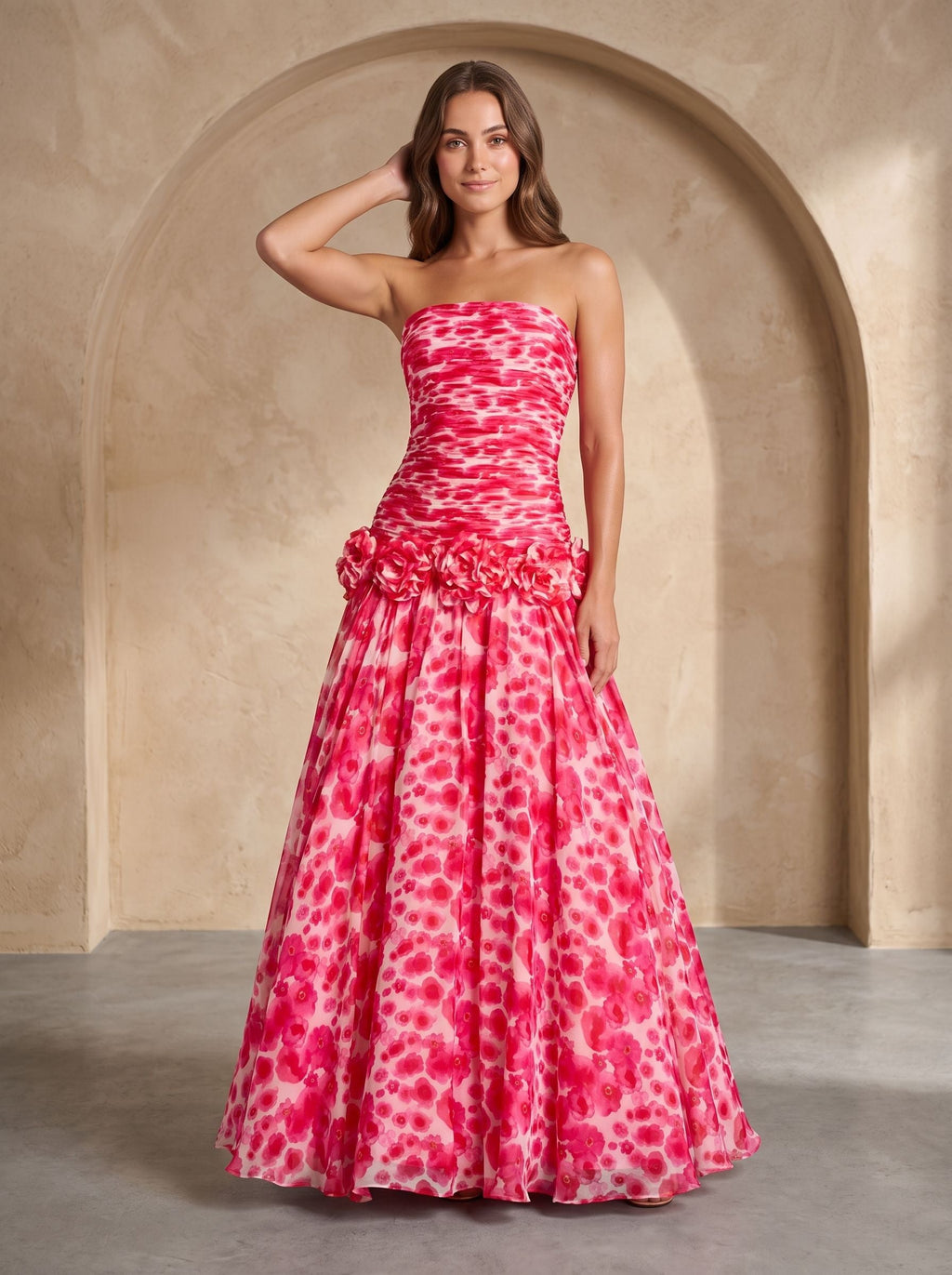 Petal Chiffon A-Line Straight Neck Back Zip Floor-Length Dress with 3D Flowers - Curvevia