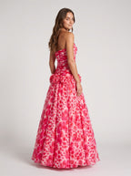 Petal Chiffon A-Line Straight Neck Back Zip Floor-Length Dress with 3D Flowers - Curvevia