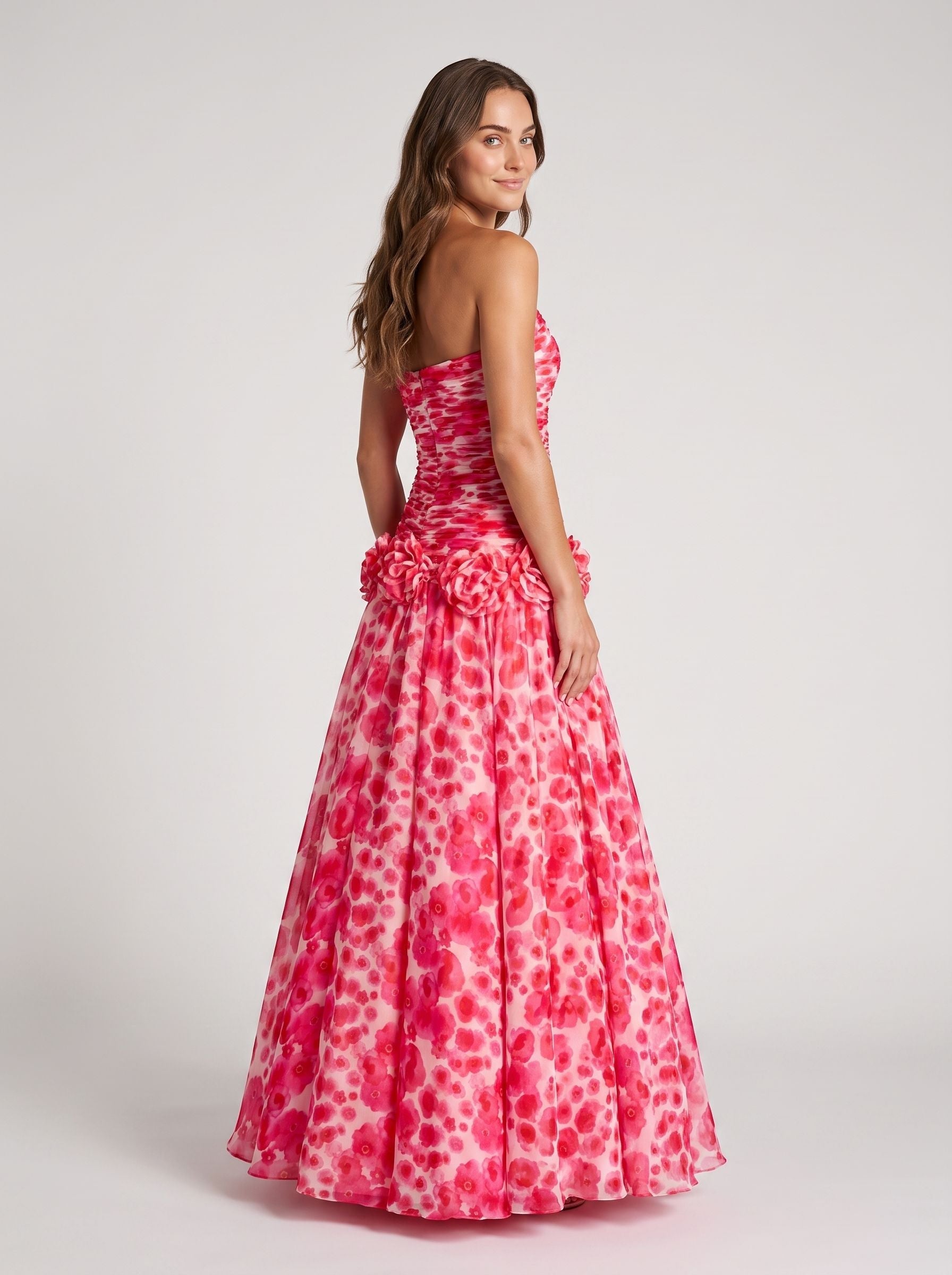 Petal Chiffon A-Line Straight Neck Back Zip Floor-Length Dress with 3D Flowers - Curvevia
