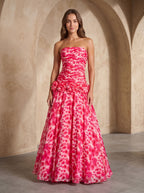 Petal Chiffon A-Line Straight Neck Back Zip Floor-Length Dress with 3D Flowers - Curvevia