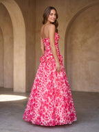 Petal Chiffon A-Line Straight Neck Back Zip Floor-Length Dress with 3D Flowers - Curvevia