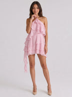 Petal Chiffon A-Line Halter neckline Bow Short Dress with Cascading Ruffles - Curvevia