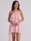 Petal Chiffon A-Line Halter neckline Bow Short Dress with Cascading Ruffles - Curvevia