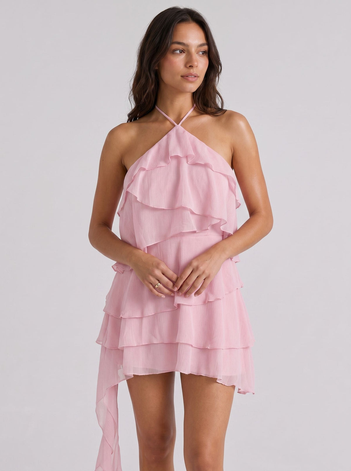 Petal Chiffon A-Line Halter neckline Bow Short Dress with Cascading Ruffles - Curvevia
