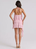 Petal Chiffon A-Line Halter neckline Bow Short Dress with Cascading Ruffles - Curvevia