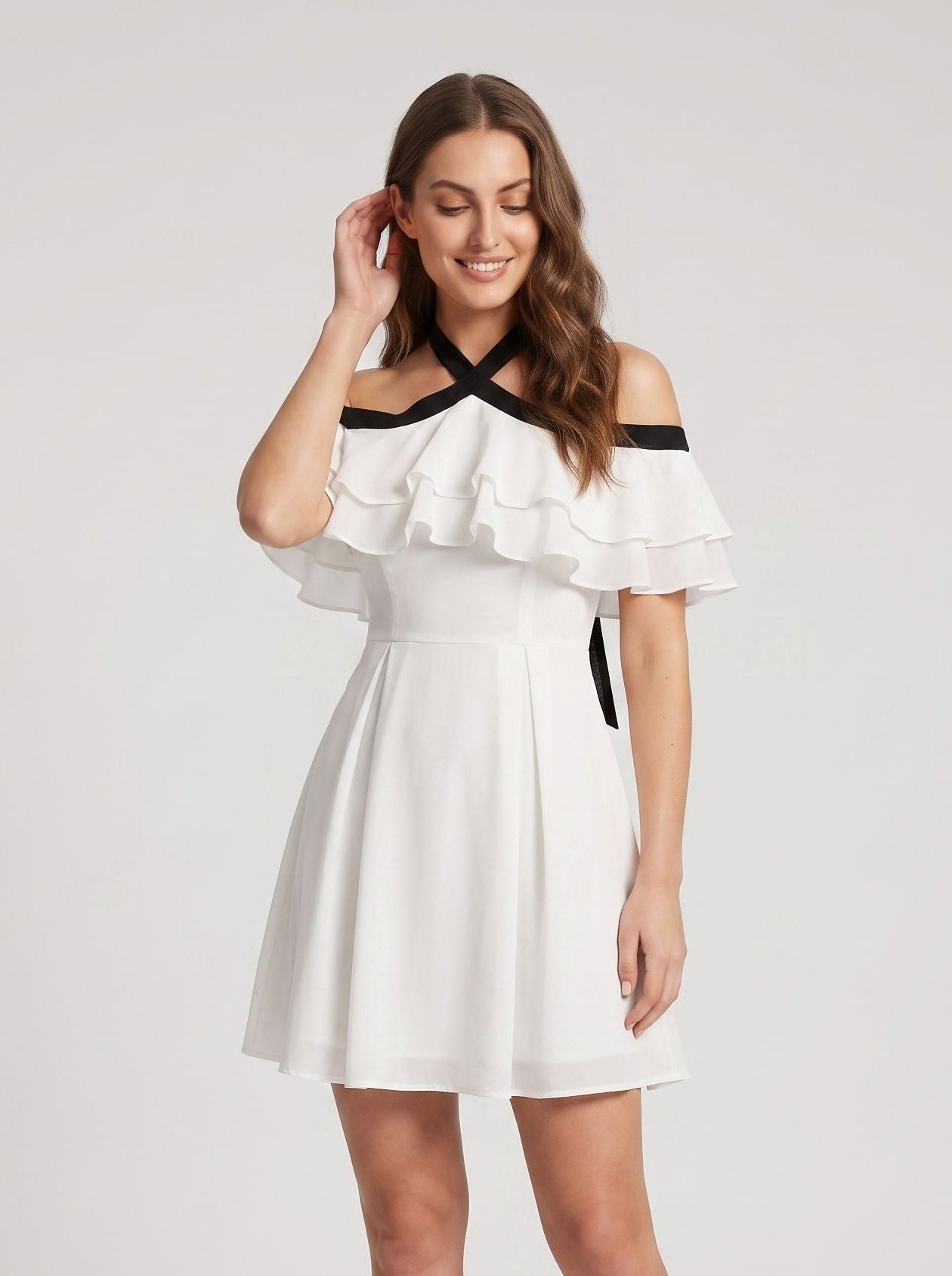 White Chiffon A-Line Halter neckline Backless Short Dress With Ruffles - Curvevia