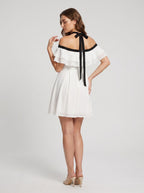 White Chiffon A-Line Halter neckline Backless Short Dress With Ruffles - Curvevia