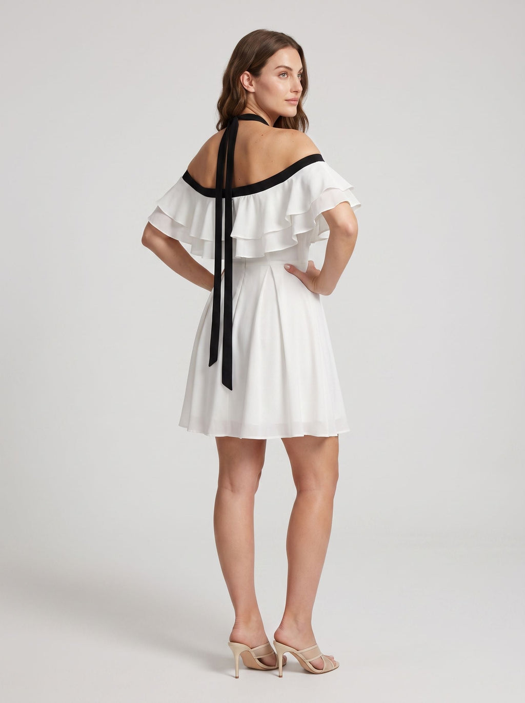 White Chiffon A-Line Halter neckline Backless Short Dress With Ruffles - Curvevia