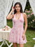 Petal Chiffon A-Line Halter neckline Side Zip Short Dress with Pleated Hem - Curvevia