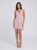Petal Chiffon A-Line Halter neckline Side Zip Short Dress with Pleated Hem - Curvevia