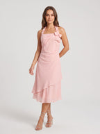 Petal Chiffon Mermaid Halter neckline Backless Tea-Length Dress with Pleated Ruffles - Curvevia