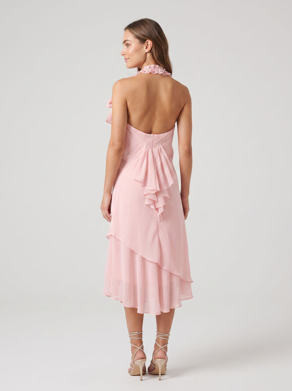 Petal Chiffon Mermaid Halter neckline Backless Tea-Length Dress with Pleated Ruffles - Curvevia
