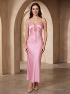 Petal Satin column V-Neck Bow Floor-Length Dress with Spaghetti Straps - Curvevia