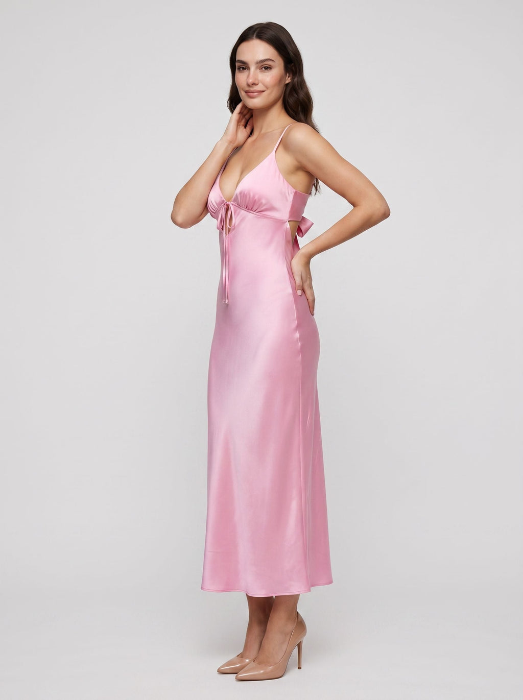 Petal Satin column V-Neck Bow Floor-Length Dress with Spaghetti Straps - Curvevia