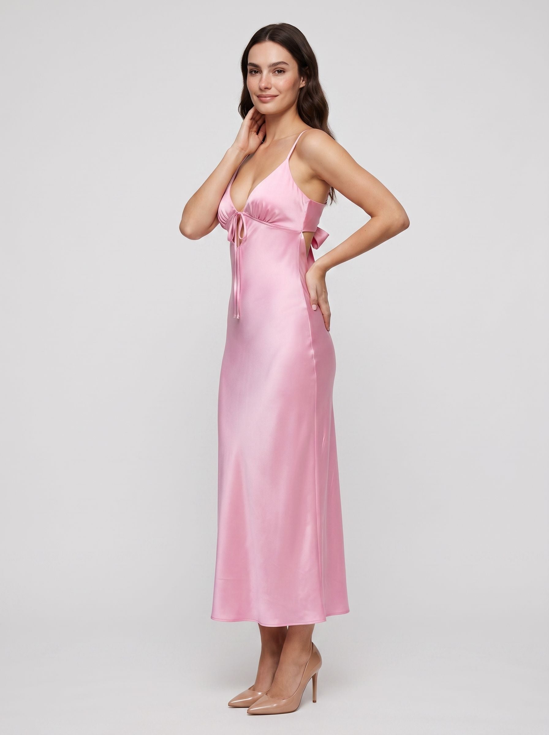 Petal Satin column V-Neck Bow Floor-Length Dress with Spaghetti Straps - Curvevia