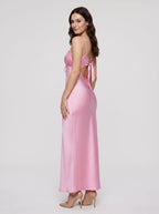Petal Satin column V-Neck Bow Floor-Length Dress with Spaghetti Straps - Curvevia