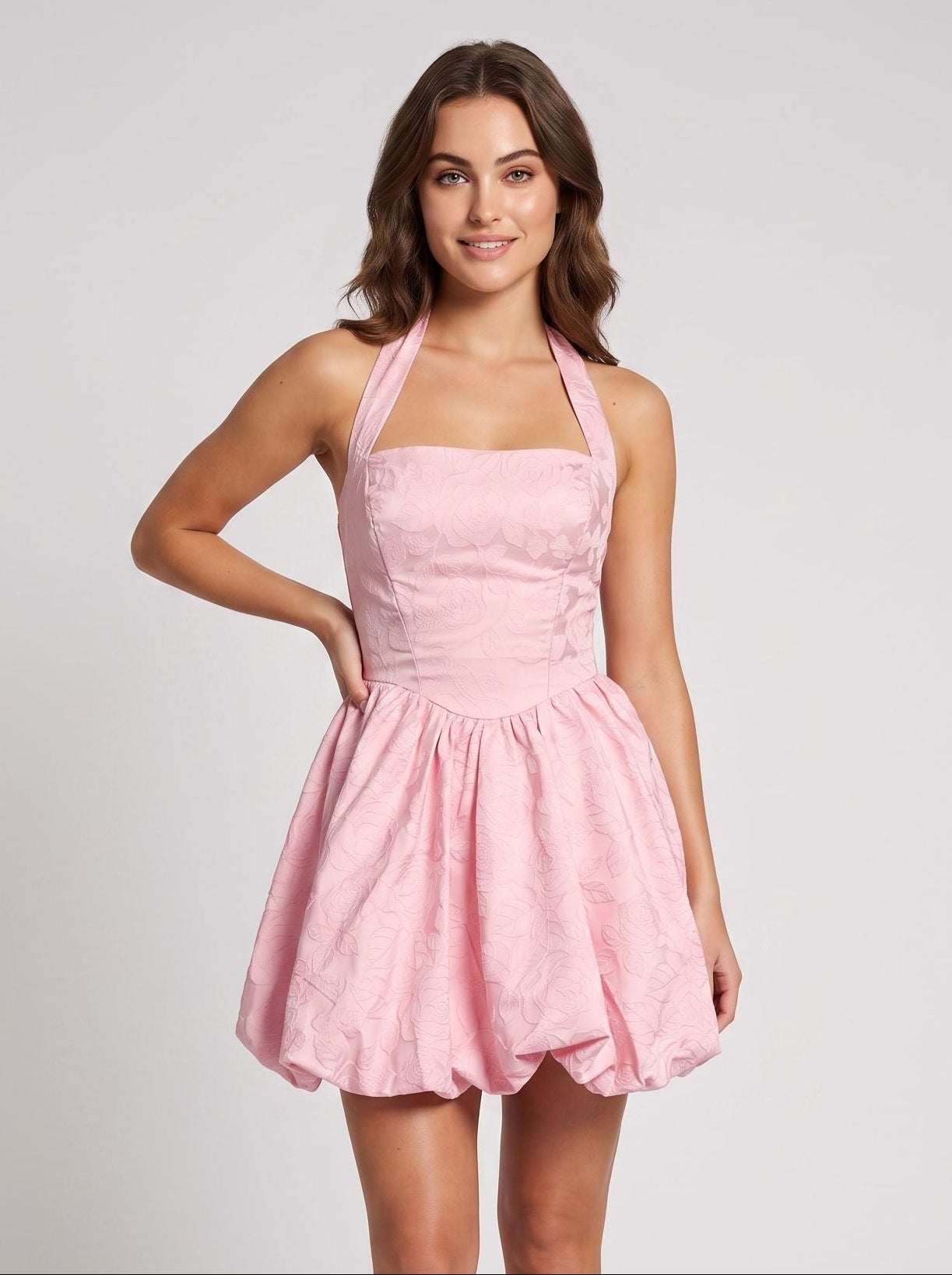 Petal Jacquard A-Line Halter neckline Lace-up Short Dress with Ruched Bodice - Curvevia