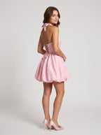 Petal Jacquard A-Line Halter neckline Lace-up Short Dress with Ruched Bodice - Curvevia