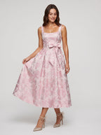 Petal Jacquard A-Line Square Neck Back Zip Midi Dress with Floral Texture - Curvevia