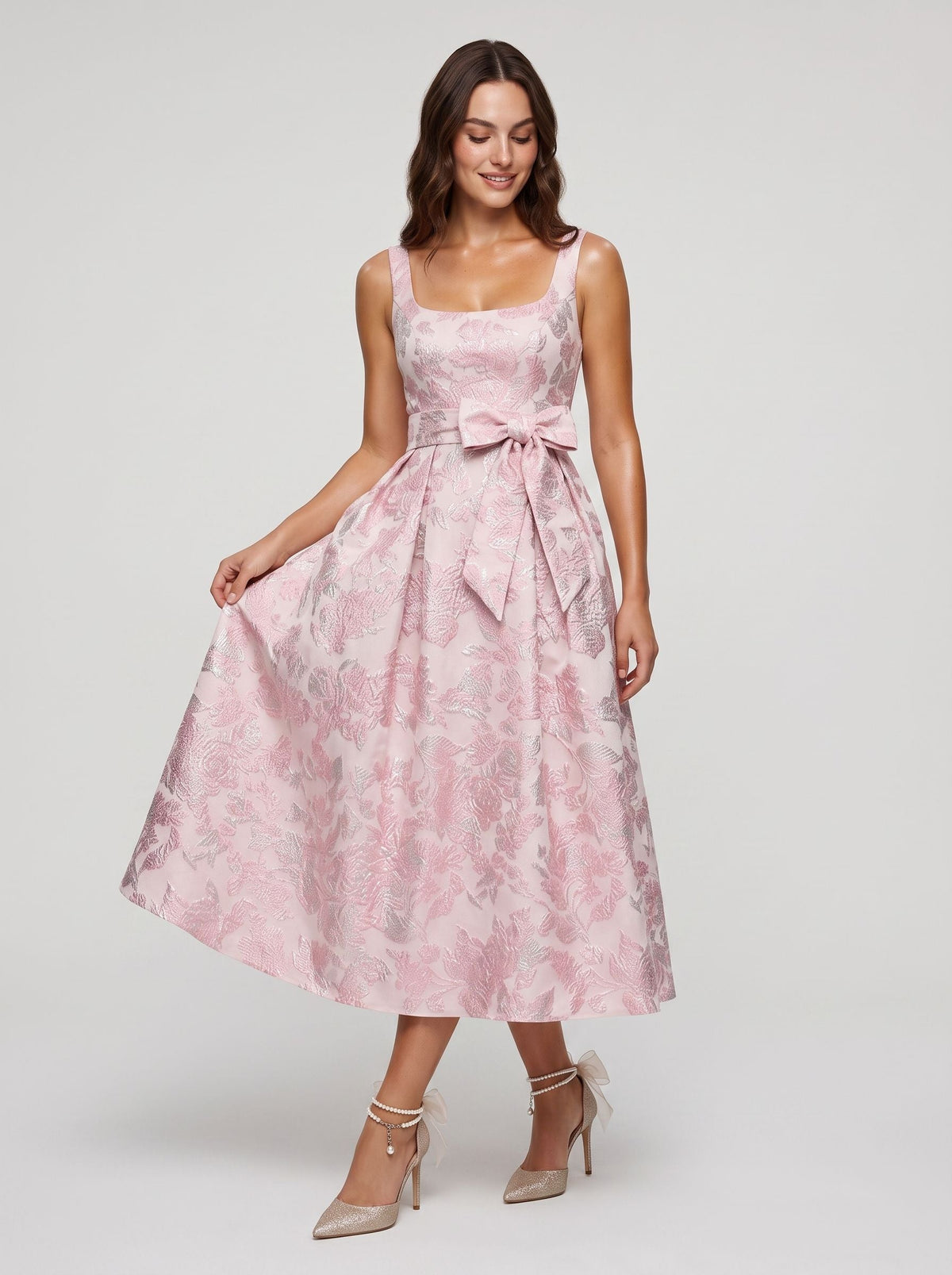 Petal Jacquard A-Line Square Neck Back Zip Midi Dress with Floral Texture - Curvevia