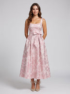 Petal Jacquard A-Line Square Neck Back Zip Midi Dress with Floral Texture - Curvevia
