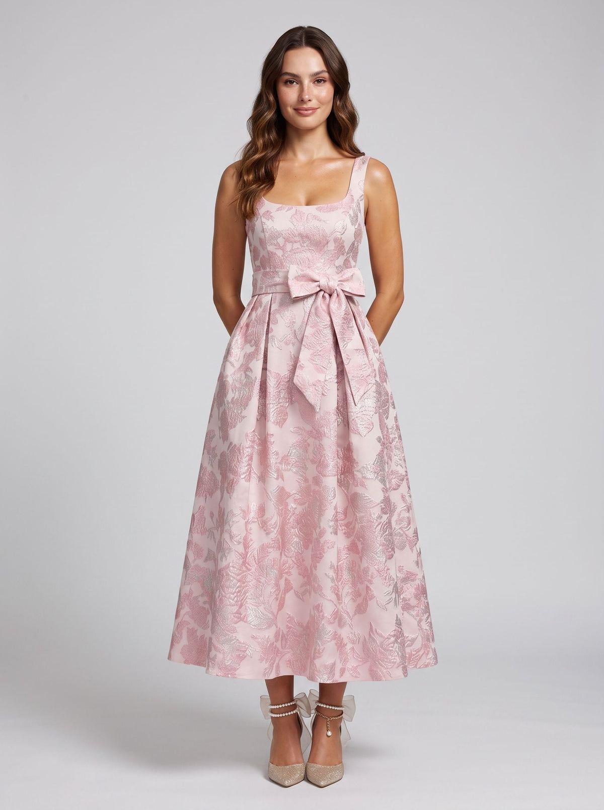 Petal Jacquard A-Line Square Neck Back Zip Midi Dress with Floral Texture - Curvevia