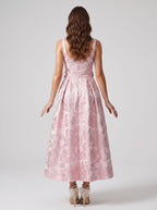 Petal Jacquard A-Line Square Neck Back Zip Midi Dress with Floral Texture - Curvevia