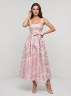 Petal Jacquard A-Line Square Neck Back Zip Midi Dress with Floral Texture - Curvevia