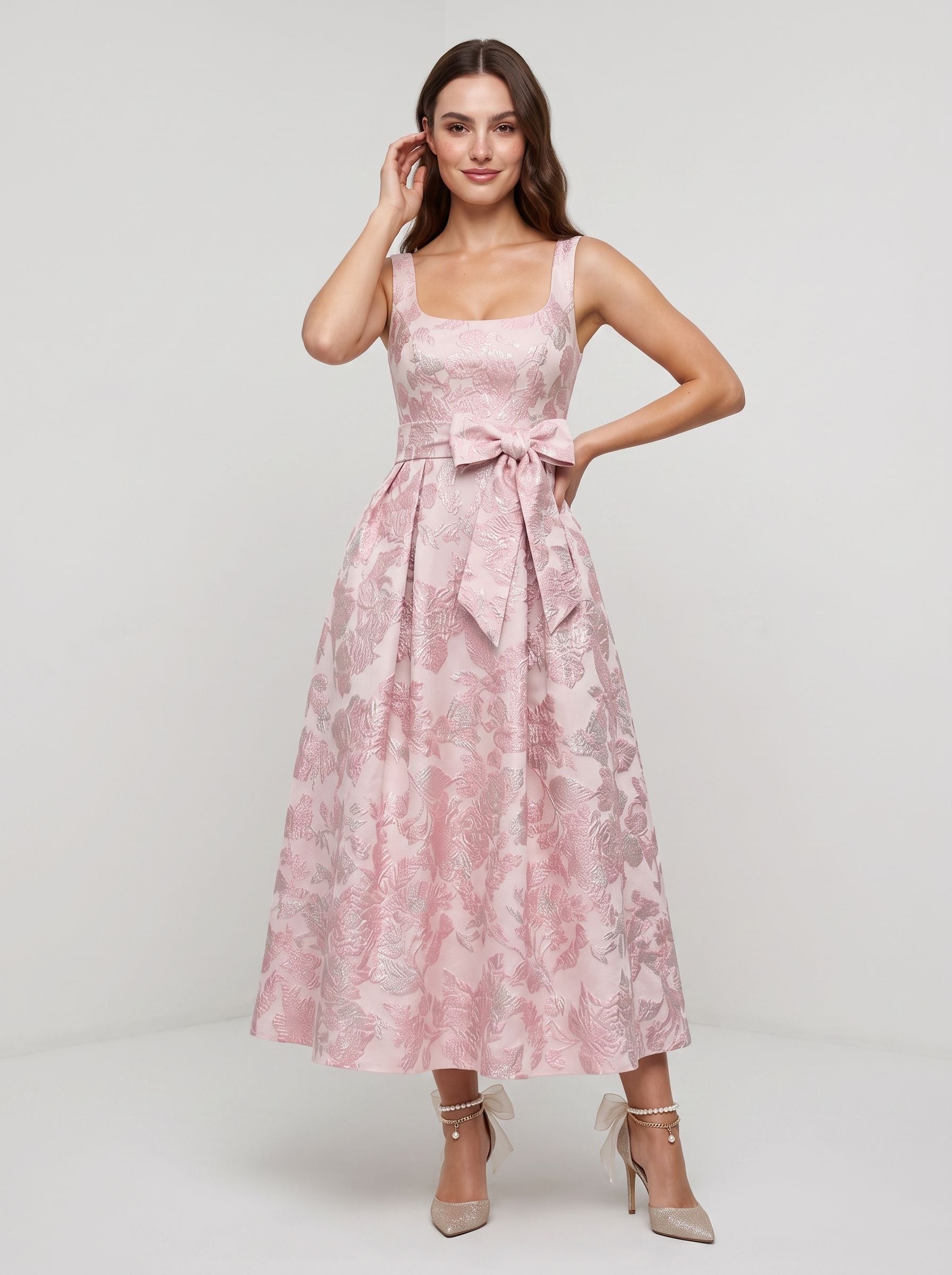 Petal Jacquard A-Line Square Neck Back Zip Midi Dress with Floral Texture - Curvevia