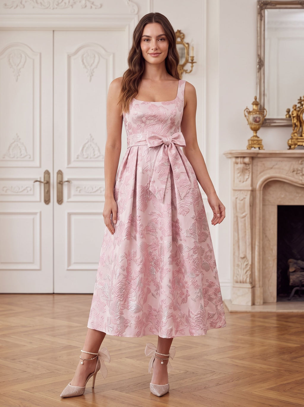 Petal Jacquard A-Line Square Neck Back Zip Midi Dress with Floral Texture - Curvevia