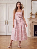 Petal Jacquard A-Line Square Neck Back Zip Midi Dress with Floral Texture - Curvevia