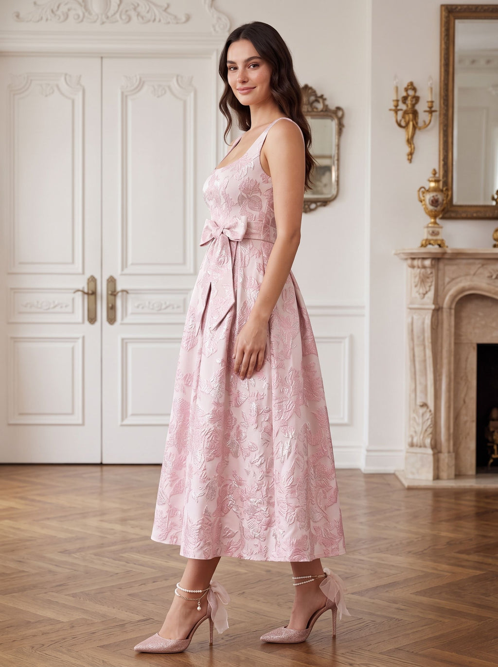 Petal Jacquard A-Line Square Neck Back Zip Midi Dress with Floral Texture - Curvevia