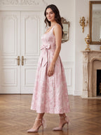 Petal Jacquard A-Line Square Neck Back Zip Midi Dress with Floral Texture - Curvevia