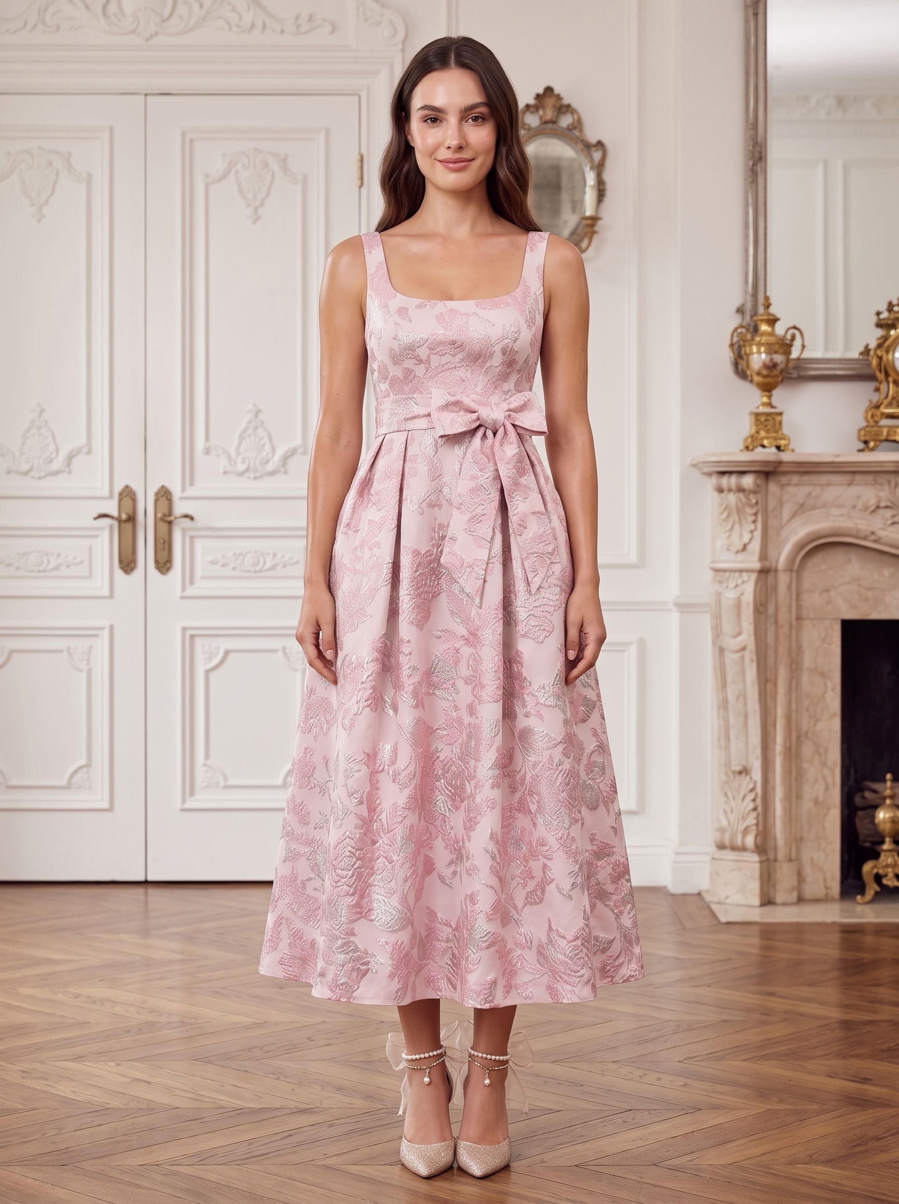 Petal Jacquard A-Line Square Neck Back Zip Midi Dress with Floral Texture - Curvevia