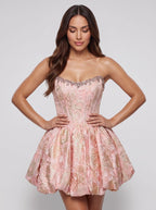 Pink Jacquard A-Line Scoop Neck Back Zip Short Dress with a Bubble Hem - Curvevia
