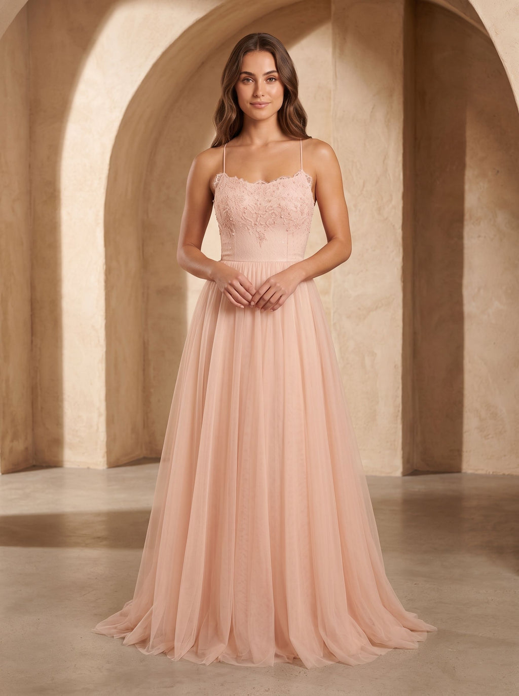 Blushing Pink Tulle A-Line Scoop Neck Lace-up Floor-Length Dress with Lace Overlay - Curvevia