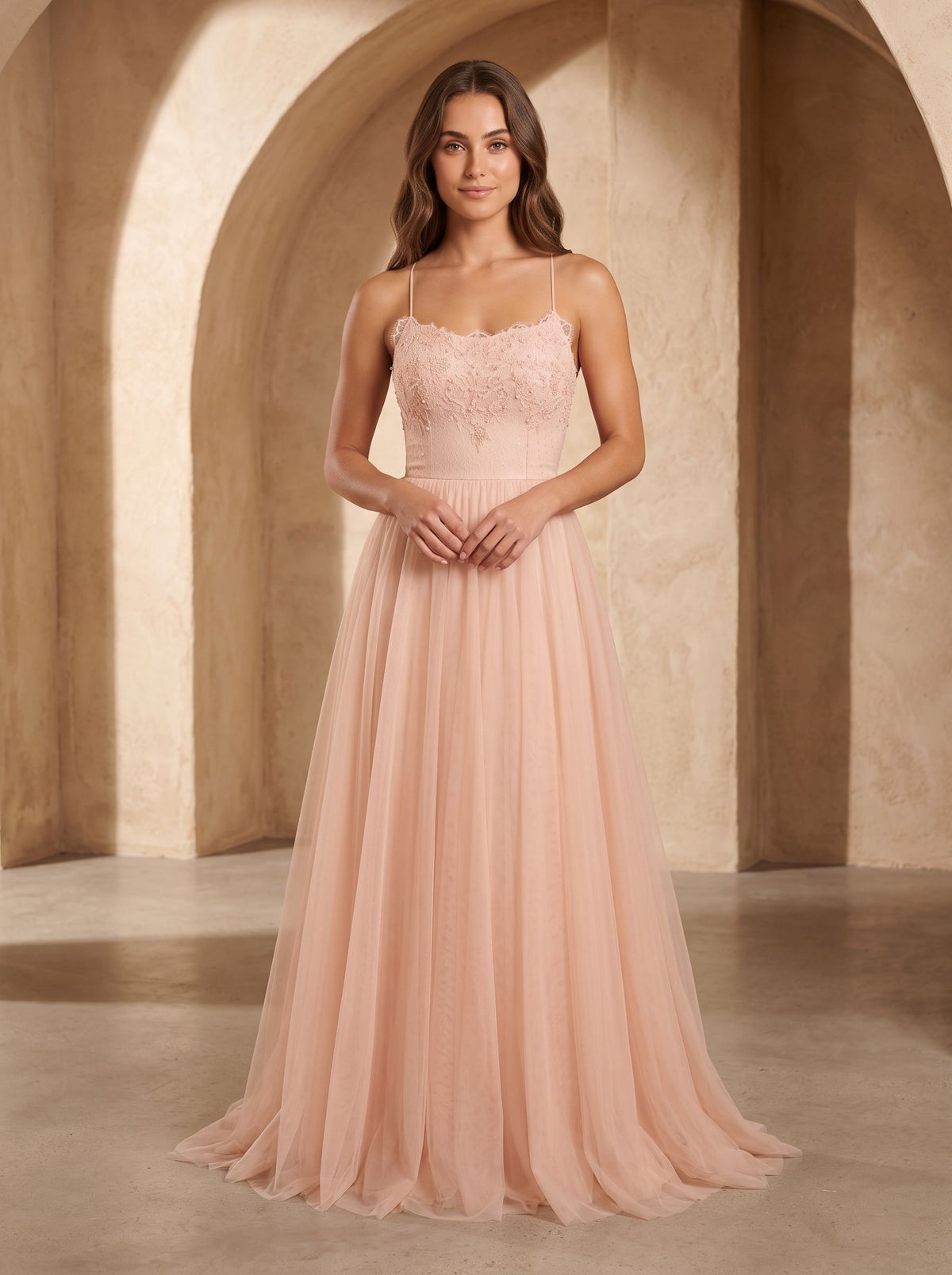 Blushing Pink Tulle A-Line Scoop Neck Lace-up Floor-Length Dress with Lace Overlay - Curvevia