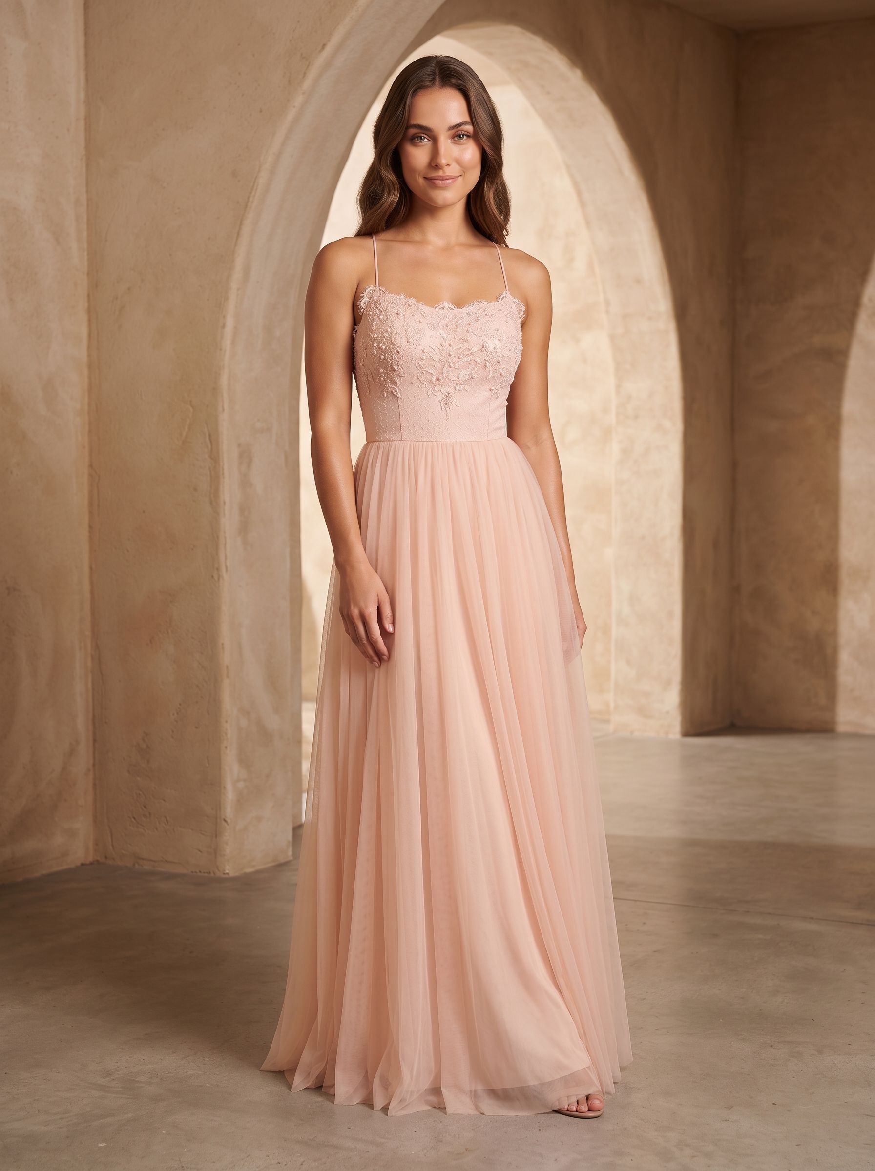 Blushing Pink Tulle A-Line Scoop Neck Lace-up Floor-Length Dress with Lace Overlay - Curvevia