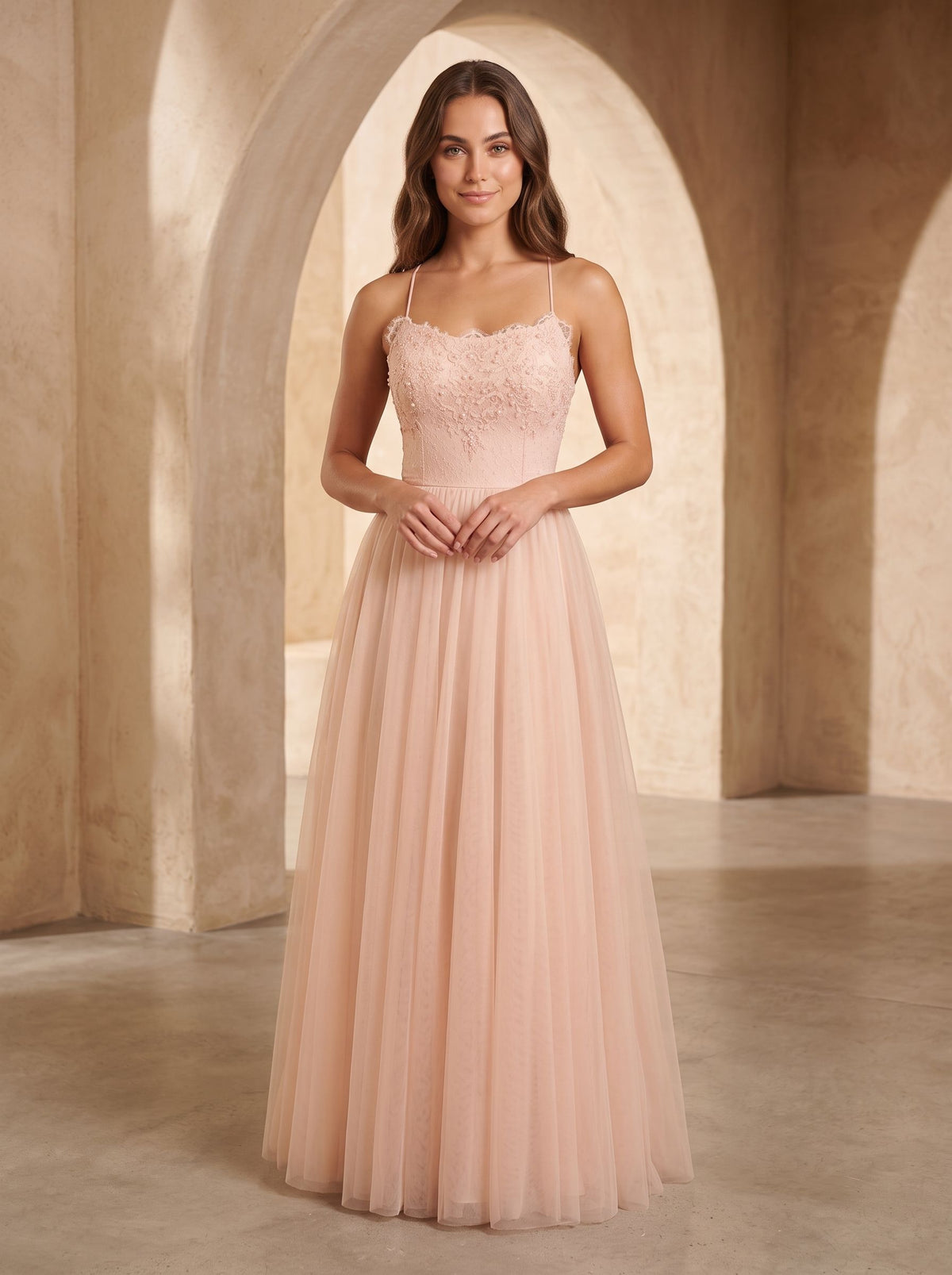 Blushing Pink Tulle A-Line Scoop Neck Lace-up Floor-Length Dress with Lace Overlay - Curvevia