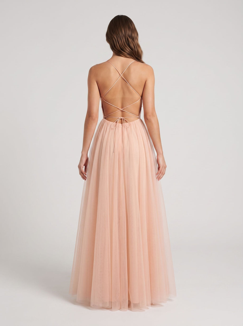 Blushing Pink Tulle A-Line Scoop Neck Lace-up Floor-Length Dress with Lace Overlay - Curvevia
