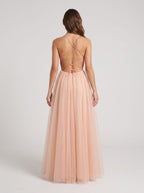 Blushing Pink Tulle A-Line Scoop Neck Lace-up Floor-Length Dress with Lace Overlay - Curvevia