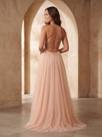 Blushing Pink Tulle A-Line Scoop Neck Lace-up Floor-Length Dress with Lace Overlay - Curvevia