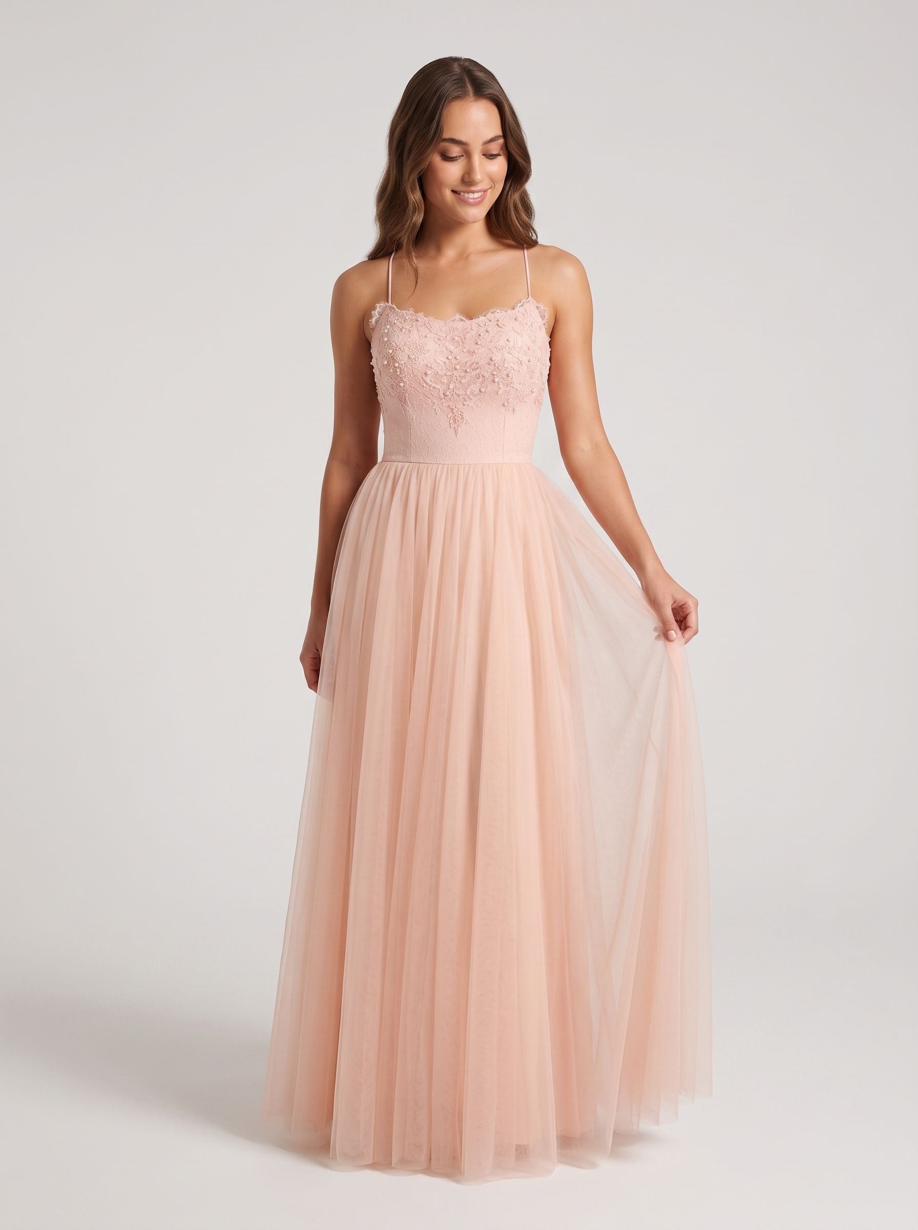Blushing Pink Tulle A-Line Scoop Neck Lace-up Floor-Length Dress with Lace Overlay - Curvevia